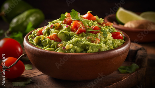 Fresh guacamole dip with organic vegetables and spices generated by AI