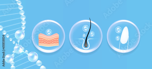Hyaluronic acid skin hair nails solutions ad, blue collagen serum drop with cosmetic advertising background ready to use, illustration vector.