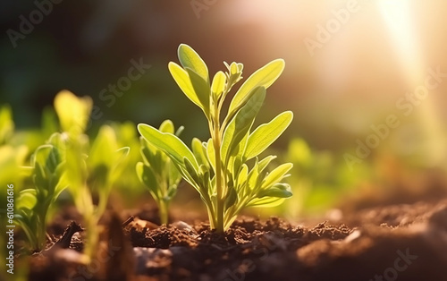 Close-up young small plant growing in garden in sunlight. Growing concept. Generative AI