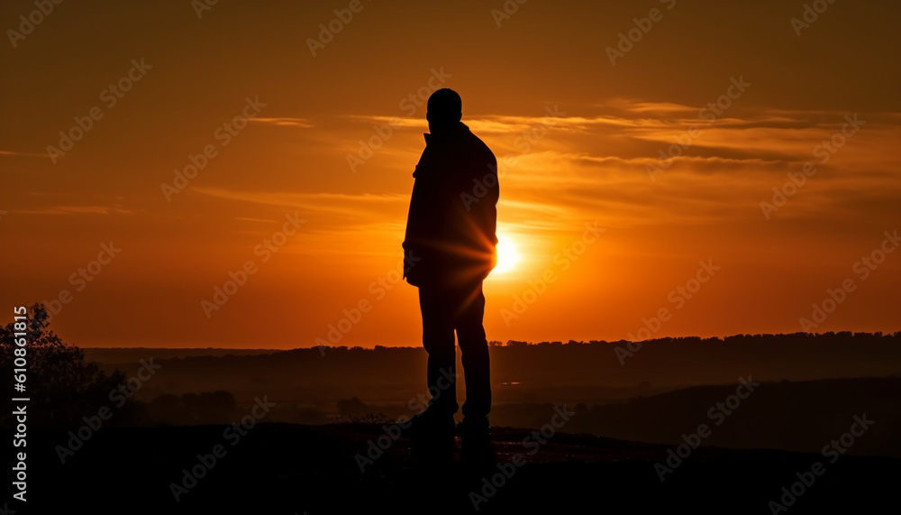 Standing silhouette in tranquil sunrise, meditating alone generated by AI