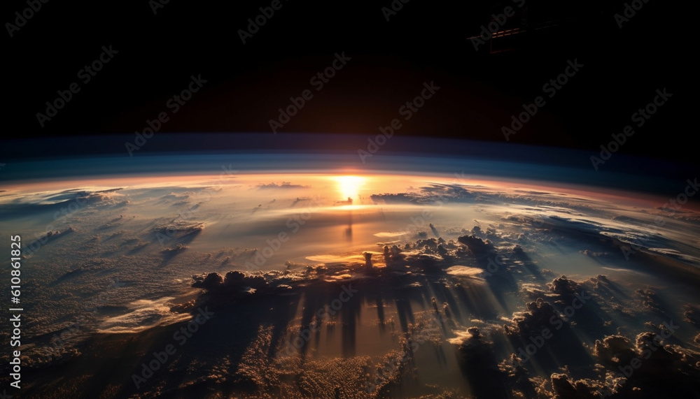 Flying high in the stratosphere, illuminated cityscape generated by AI Flying high in the stratosphere, illuminated cityscape generated by AI