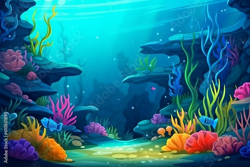 Fototapeta Naklejka Na Ścianę i Meble -  Underwater sea bottom background with coral reef. Deep blue ocean undersea landscape. Cartoon style digital illustration. AI Generative