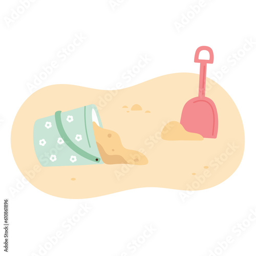 Cartoon cute bucket and shovel on the sand beach