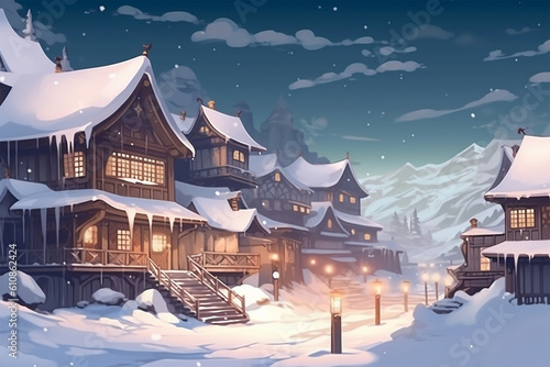 Generative AI. illustration background of a snowy village