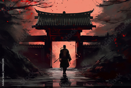 Generative AI. illustration background of a samurai in front of japan gate
