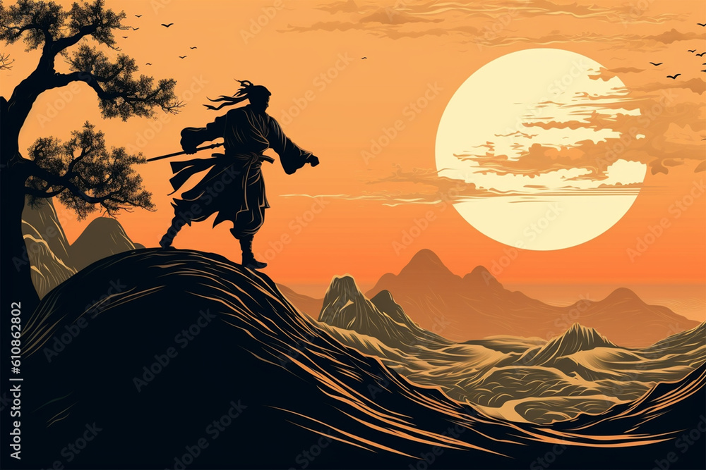 Generative AI.
background illustration of a ninja on top of a cliff