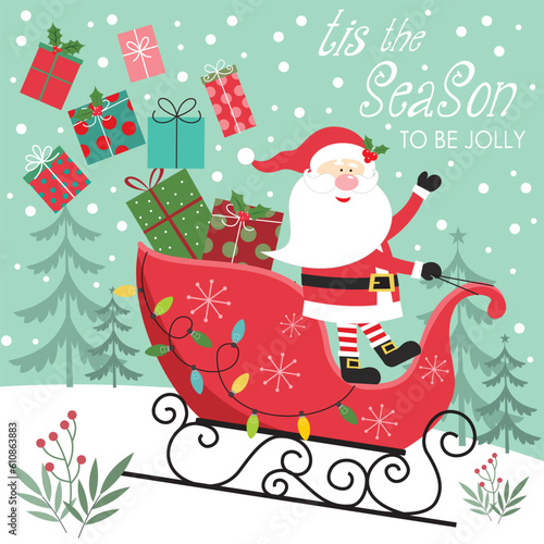 christmas card with santa claus and sleigh