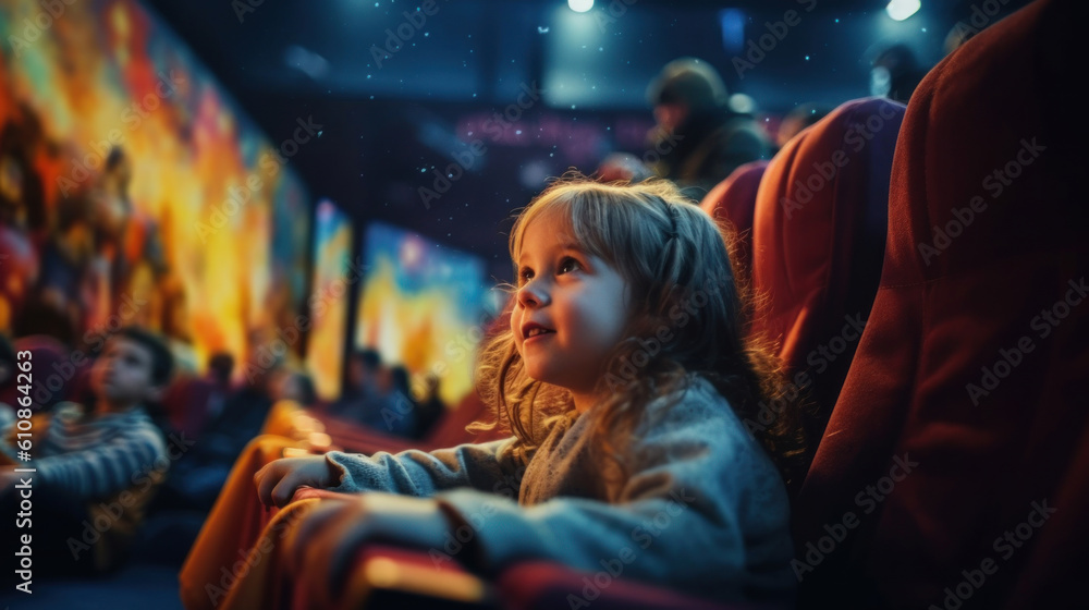 Photo of a girl watching an exciting movie in a dark cinema.