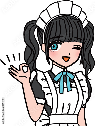 OKサインを出すブルーの胸のリボンをつけた黒髪メイド