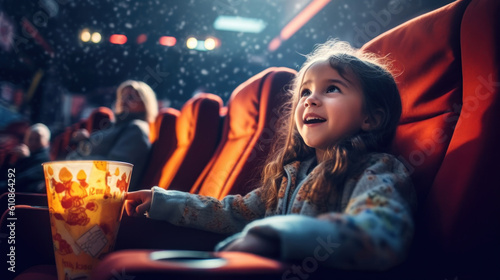 Photo of a girl watching an exciting movie in a dark cinema.