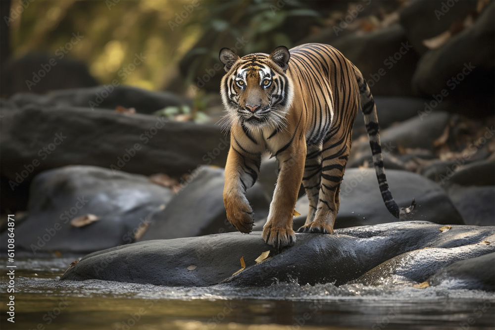 Fototapeta premium a Sumatran tiger walking on a rocky river