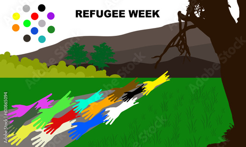 colorful silhouettes of hands and landscapes of mountains and trees commemorating Refugee Week. Refugee Week celebrating the contributions, creativity, and resilience of refugees seeking sanctuary
