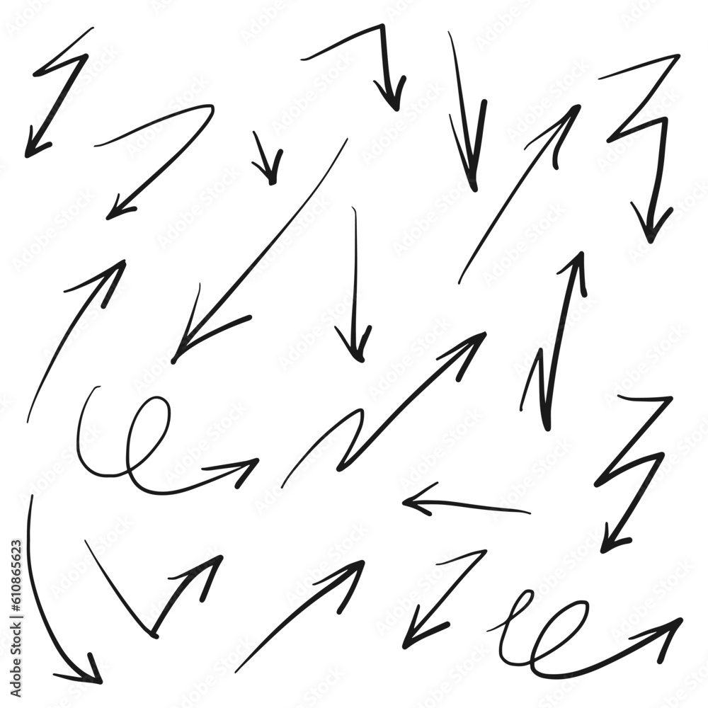 Hand drawn Arrows icons Set. arrow icon with various directions. Doodle vector illustration. isolated on a white background Hand drawn Arrows icons Set. arrow icon with various directions. Doodle vector illustration. isolated on a white background