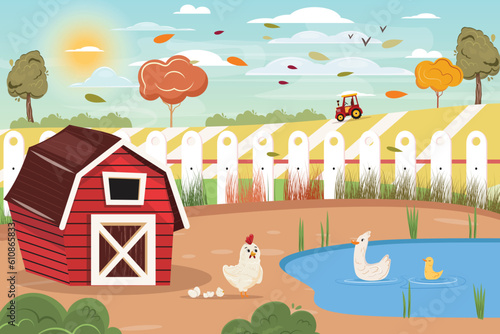Cute farm domestic birds enjoying the weather outside. Autumn farm landscape with birds.
