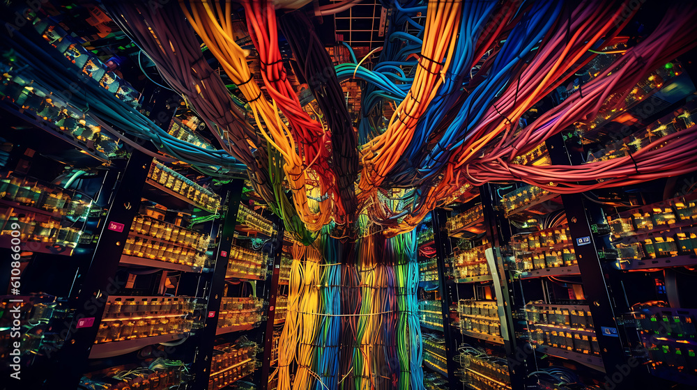 Room with a tangle of colorful cables - obrazy, fototapety, plakaty 
