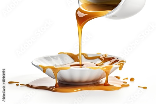 Pouring Sweet Liquid Caramel Sauce On White Background