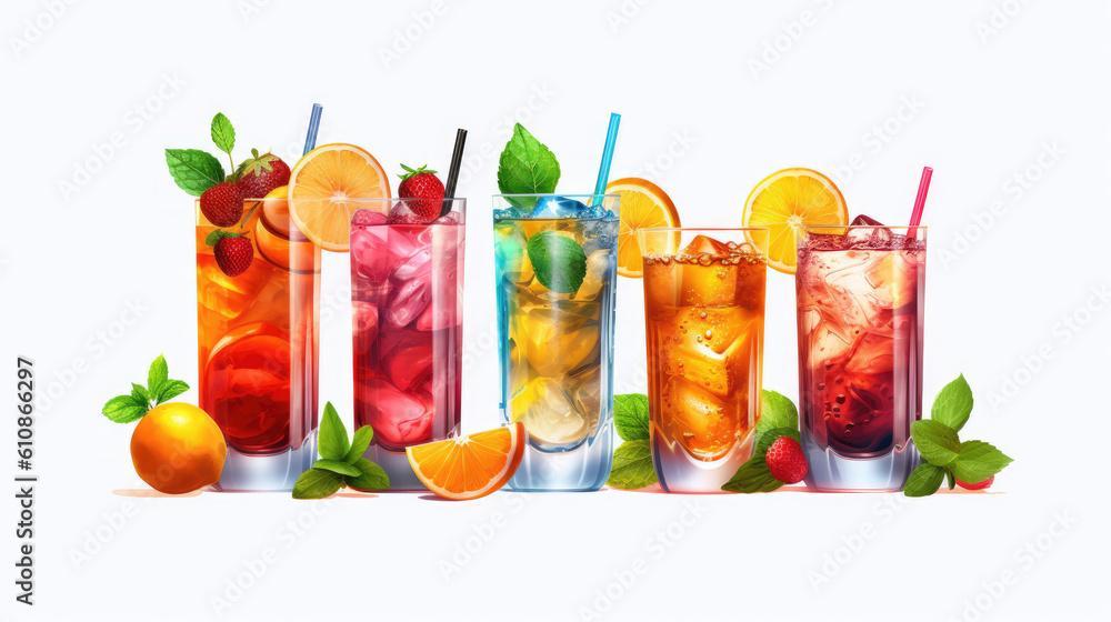 Fototapeta premium Summer cocktails on a white background, Generative AI