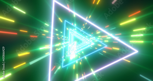 Abstract green energy futuristic hi-tech tunnel of flying triangles and lines neon magic glowing background