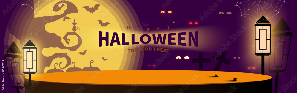 Empty podium for product display decorated with Lights Lantern, Moon, and silhouette on Halloween Night. Halloween background. Product stage shows. Vector illustration.