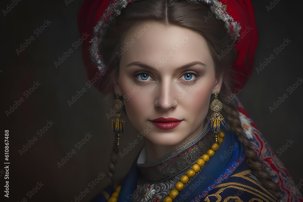 portrait of young beautiful woman in national Ukrainian costume.al generative