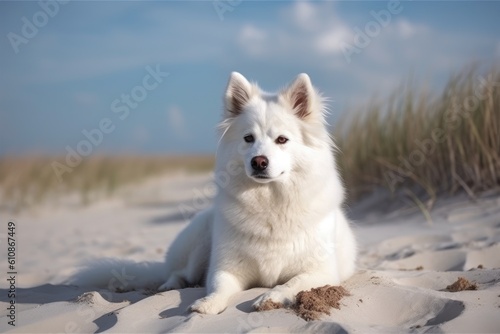 White Samoyed dog on the sand dunes at the beach, Beautiful white American Eskimo Dog sitting on the beach, AI Generated photo