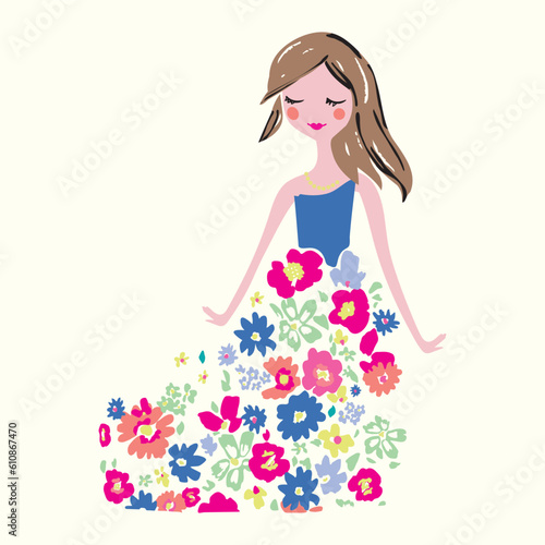 fashion girl in floral dress concept. watercolour sketch illustration 