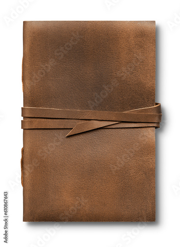 Old worn brown leather notebook isolated on white background