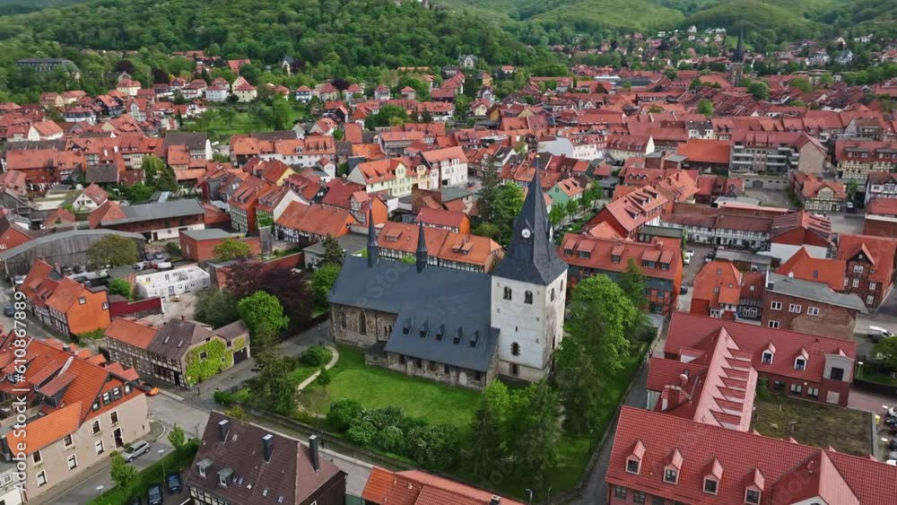 Drone shot of New Evangelical Church of Wernigerode ( Neue Evangelische Kirchengemeinde Wernigerode ) , Germany Drone shot of New Evangelical Church of Wernigerode ( Neue Evangelische Kirchengemeinde Wernigerode ) , Germany