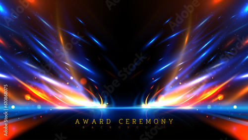 Blue curve  light overlap gold ray motion effects on black background with bokeh decorations.