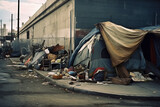 The homeless live in tents surrounded by trash on sidewalks - Generative AI