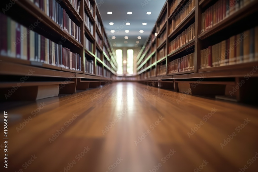 Abstract blurred empty college library interior space. Blurry classroom with bookshelves by defocused effect. Use for background or backdrop in book shop business or education. Generative AI