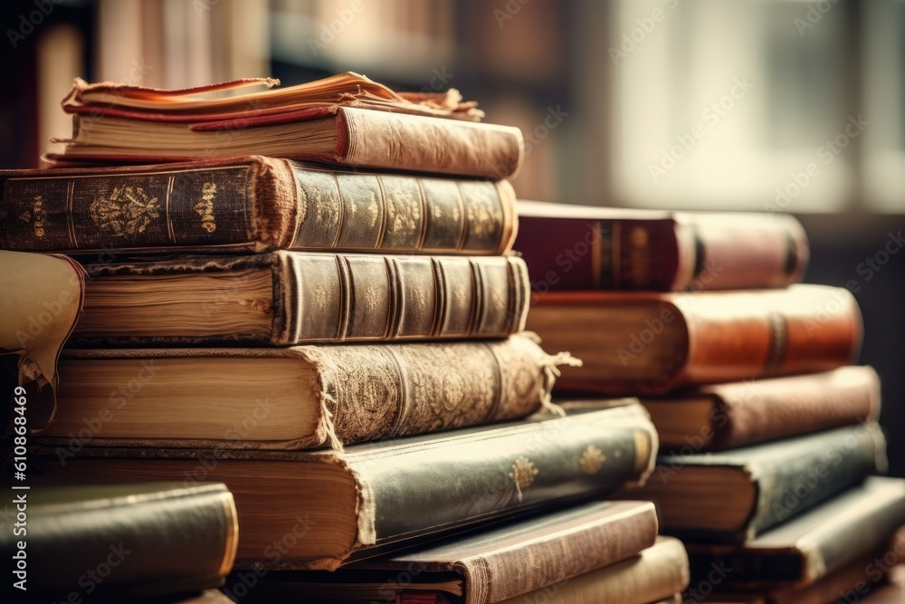 Banner or header image with stack of antique leather books in library. Literature or reading concept. Generative AI
