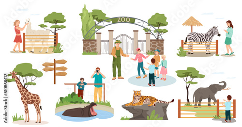 Zoo landscape elements. Cartoon set of happy kids with parents looking at different animals in the zoo. Zoological park collection. Flat vector illustration isolated on white background