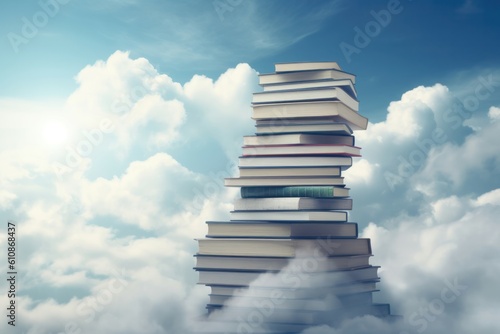 Abstract book stack with ladder on sky with clouds background. Ladder going on top of huge stack of books. Education and growth concept. Generative AI