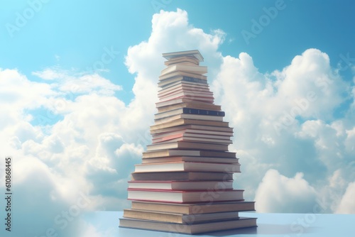 Abstract book stack with ladder on sky with clouds background. Ladder going on top of huge stack of books. Education and growth concept. Generative AI