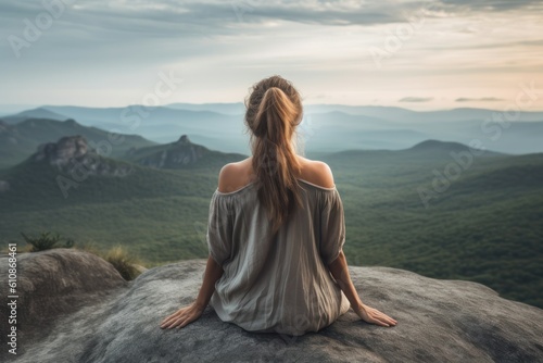 Back view of wonderful female embracing mountain stillness in contemplation. Generative AI