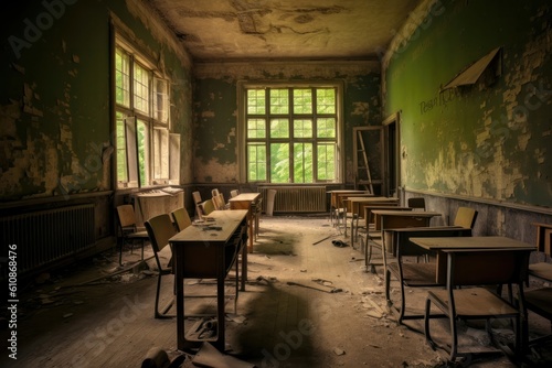 Classroom in an abandoned school with a blackboard in the background. Generative AI