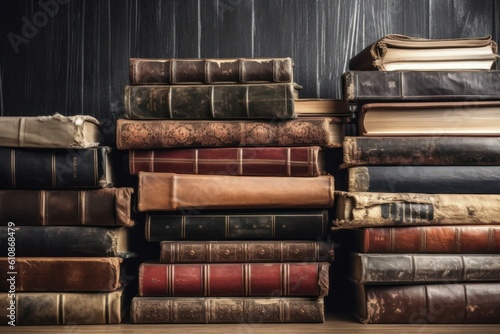Banner or header image with stack of antique leather books in library. Literature or reading concept. Generative AI