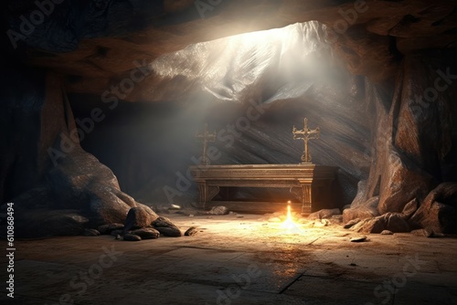 Empty tomb of Jesus Christ. Abandoned shroud and crown of thorns on the floor. Light pouring into the cave. Generative AI