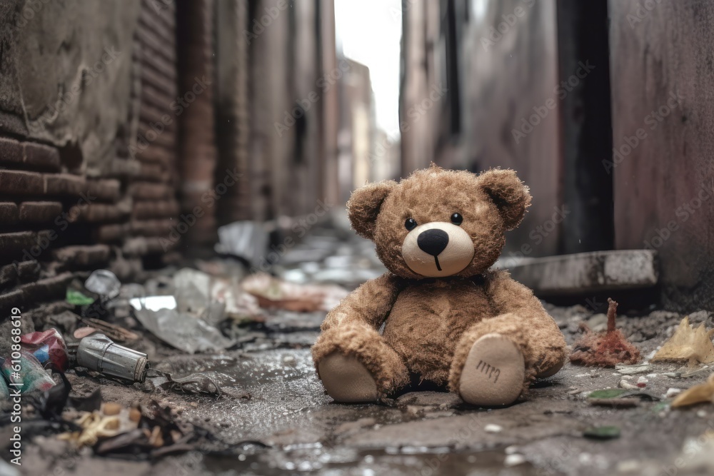 Old dirty bear neglected on dirty back street alley. Generative AI Old dirty bear neglected on dirty back street alley. Generative AI