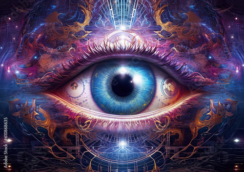 Mystical all-seeing cosmic eye in vibrant blue and purple colours.