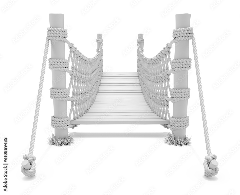 Clay render of front view of rope suspension bridge on white background