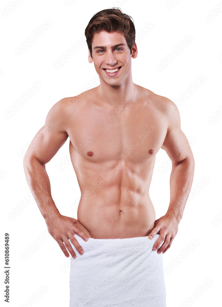 Portrait, muscle and man in shower towel isolated on a transparent png background. Cleaning, body care and smile of fitness model with strong abs after exercise, workout or training for wellness Portrait, muscle and man in shower towel isolated on a transparent png background. Cleaning, body care and smile of fitness model with strong abs after exercise, workout or training for wellness