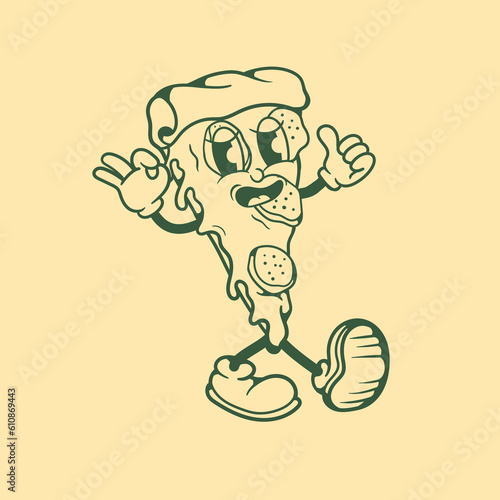 Vintage character design of pizza slice