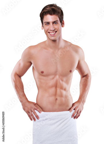 Portrait, muscle and man in shower towel isolated on a transparent png background. Cleaning, body care and smile of fitness model with strong abs after exercise, workout or training for wellness