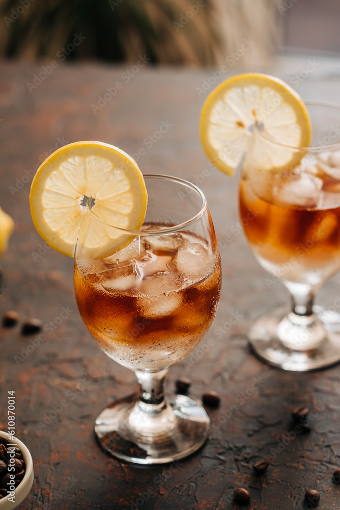 Espresso tonic beverage with coffee. Summer cold iced drink with ice still life photo Espresso tonic beverage with coffee. Summer cold iced drink with ice still life photo