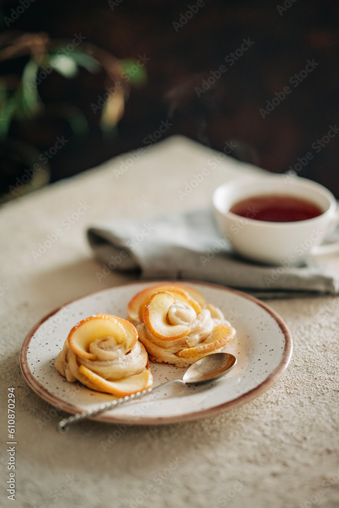 Tasty food sweet bakery pastry puff homemade cooking with cup of tea