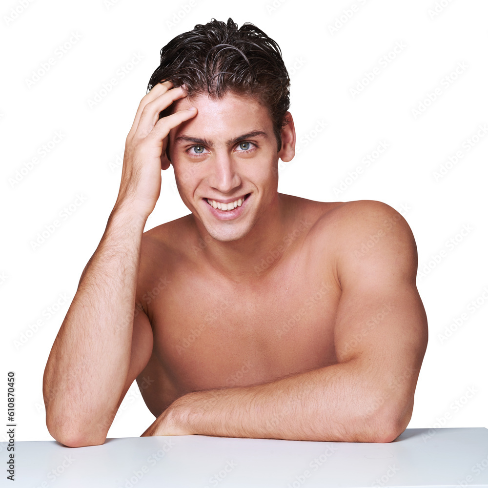Fototapeta premium Beauty, smile and portrait of man with skincare due to cosmetic grooming isolated in a transparent or png background. Skin, care and happy young person or model for wellness and cosmetics glow