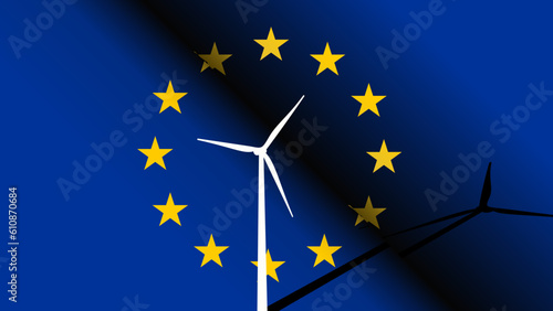 Wind turbines on the background of the flag EU Europe