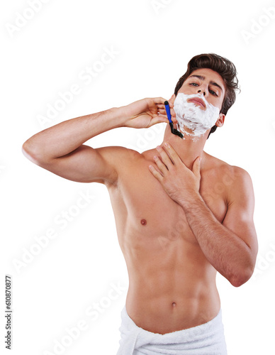 Razor, shaving cream and face of man isolated on a transparent png background. Shave, towel and model grooming for skincare, hair removal and facial product for treatment, wellness and cosmetics.
